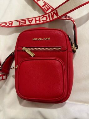Michael Kors Red Pebbled Leather Crossbody Camera Bag with Logo Strap